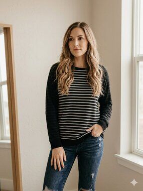 Style & Co. Sport Mixed Stripe Raglan Crewneck Sweatshirt Black Gray XL
